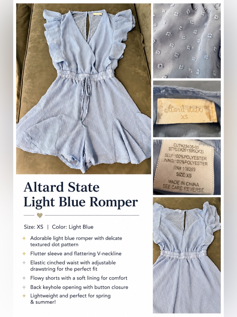 Altar'd State Light Blue Girls' Dot-Texture Romper